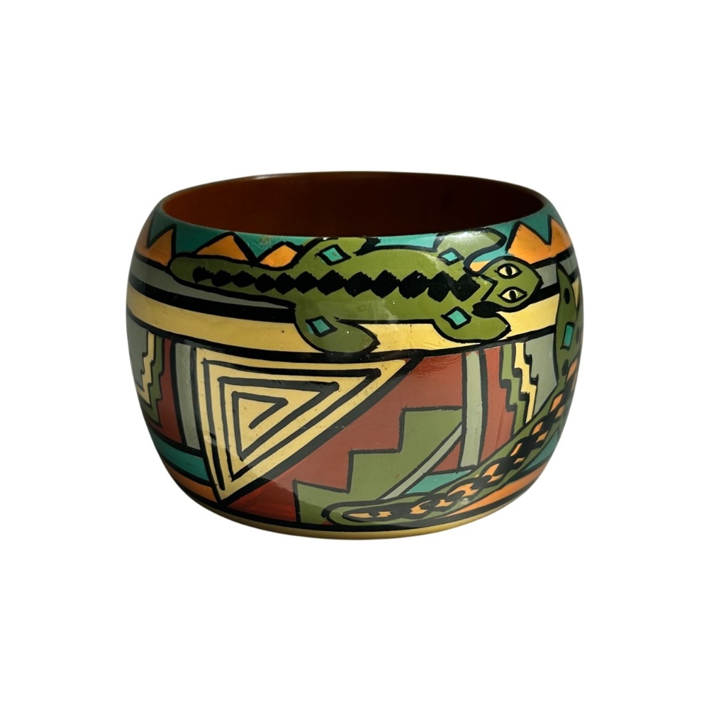 Handpainted Artisan Aztec Snake Pattern Green Bro… - image 3